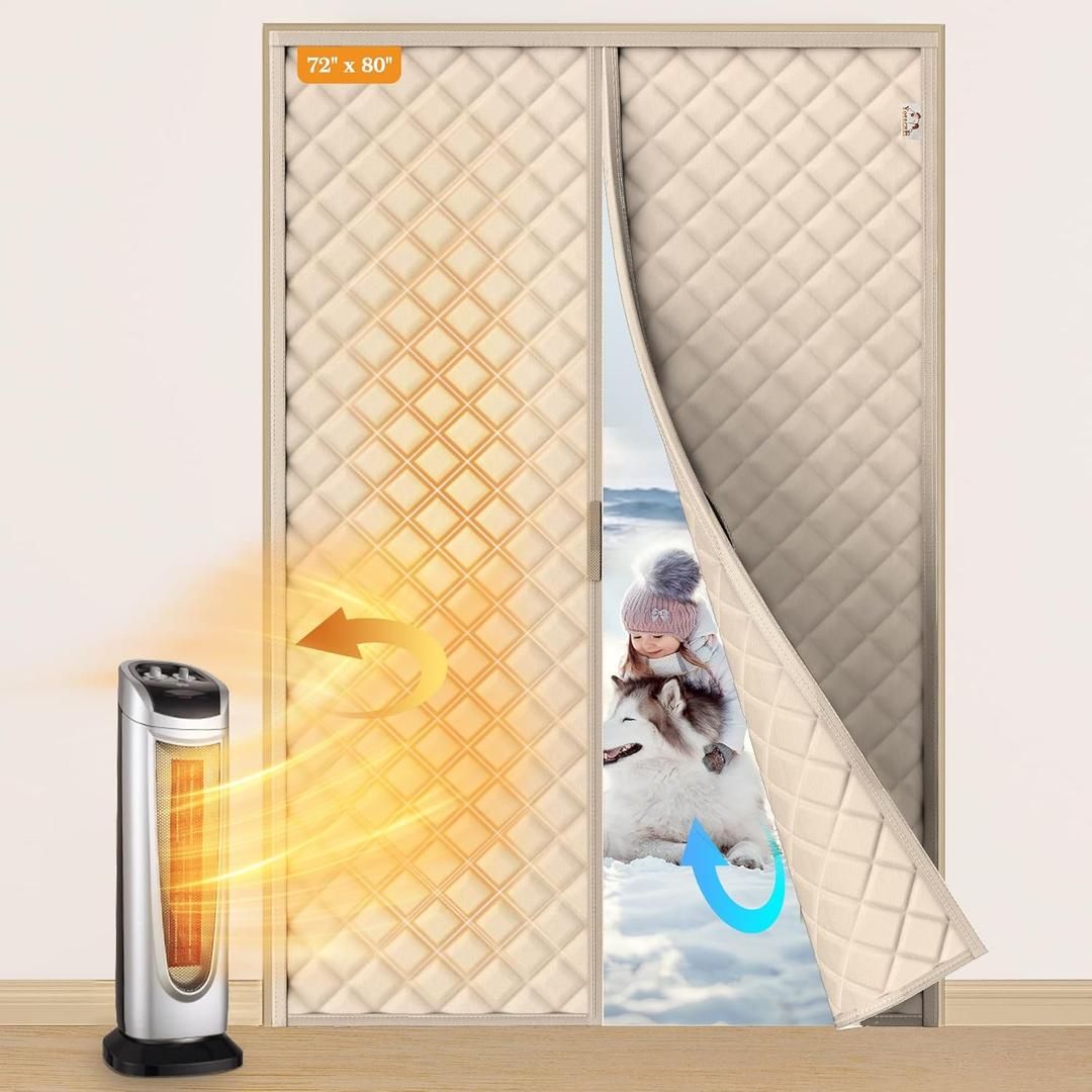 Yotache Magnetic Thermal Insulated Door Curtain for 72x80 inch Doors, Curtain Size 74" x 82" Weatherproof Oxford & Cotton Fill Door Covers to Keep Warm in Winter, Beige