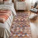 DEXI Hallway Runner Rug, 2x5 Distressed Non Slip Runners Carpet, Boho Vintage Soft Thin Indoor Rug, Stain Resistant Washable Entry Mat for Entryway Kitchen Laundry Room Living Room, Brown Blue