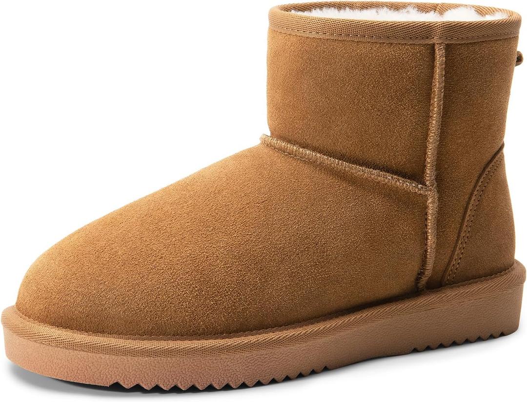 DREAM PAIRS Snow Boots for Women Genuine Suede Faux Fur Lining Water Resistant Anti-Slip Warm Winter Booties Slip On Memory Foam Comfort Ankle Boots FuzzyClassic Low Boots (10, Chestnut)
