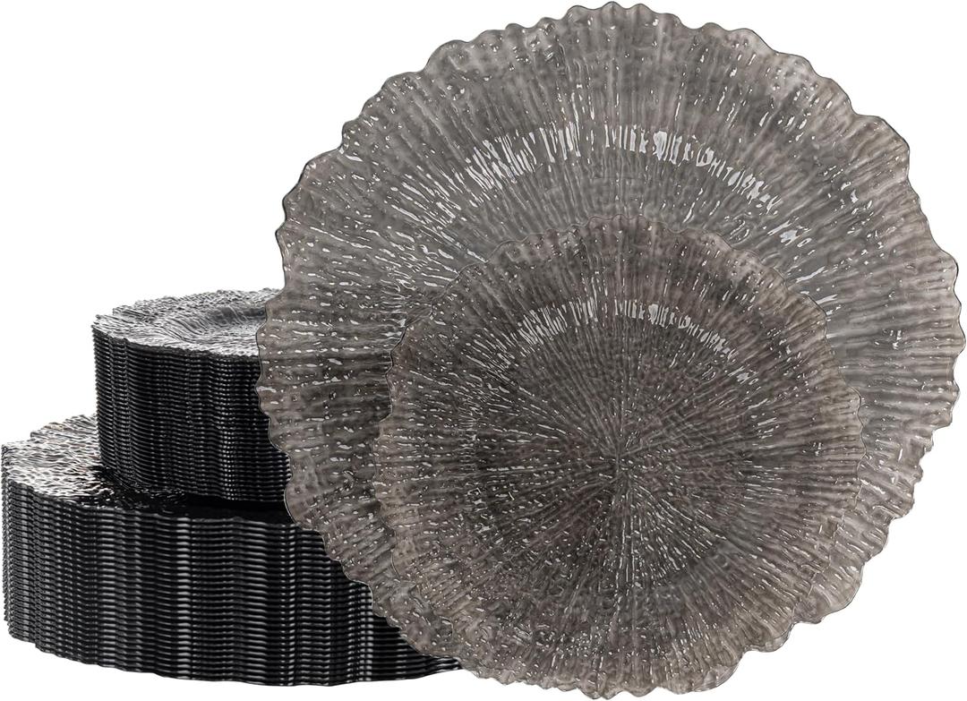 U-QE 60PCS Clear Black Plastic Plates, Heavy Duty Halloween Plates Disposable Including 30PCS 10'' Dinner & 30PCS 7'' Dessert Plate - Hard Halloween Plastic Plate for Party & Wedding