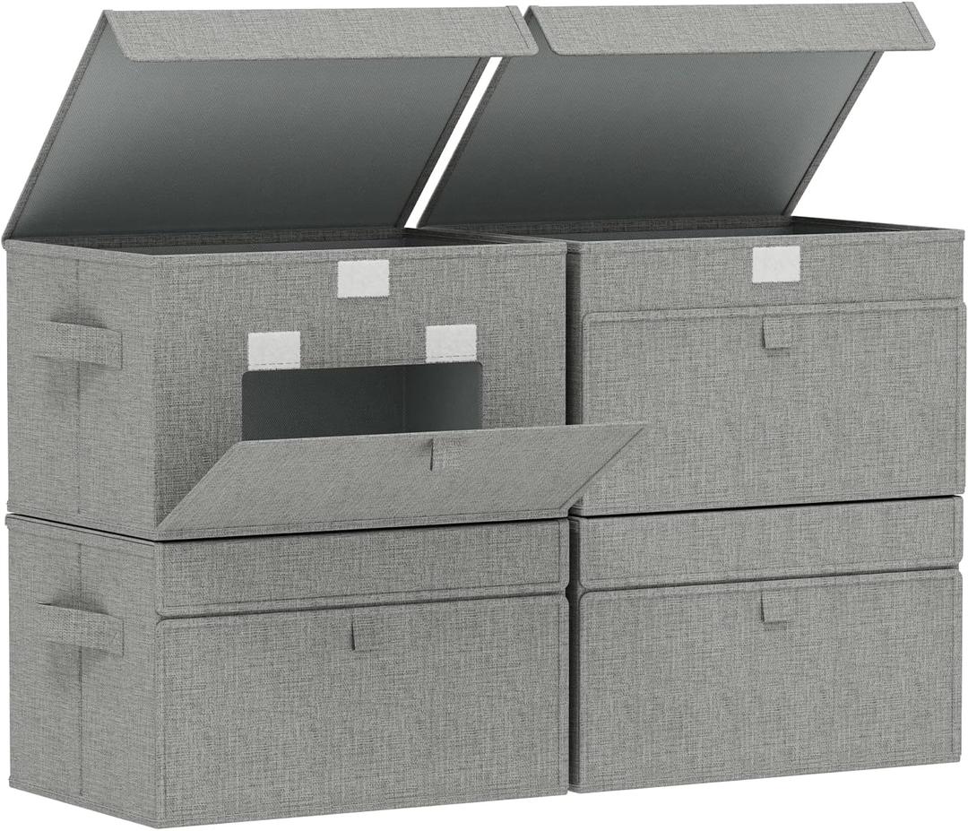 Storage Boxes with Flip Cover, Foldable Bin for Clothes, Cubes with Handles, Decorative Linen Baskets for Home, Bedroom, Closet, 13x9.1x7.9in, Grey, 4 Pack