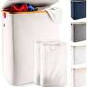 LONBET Laundry Basket with Lid, Made from Breathable Fabric | Aesthetic Clothes Hampers for Laundry with Side Handles & Sturdy Bamboo Frame (26 Gallons - Double, Beige)