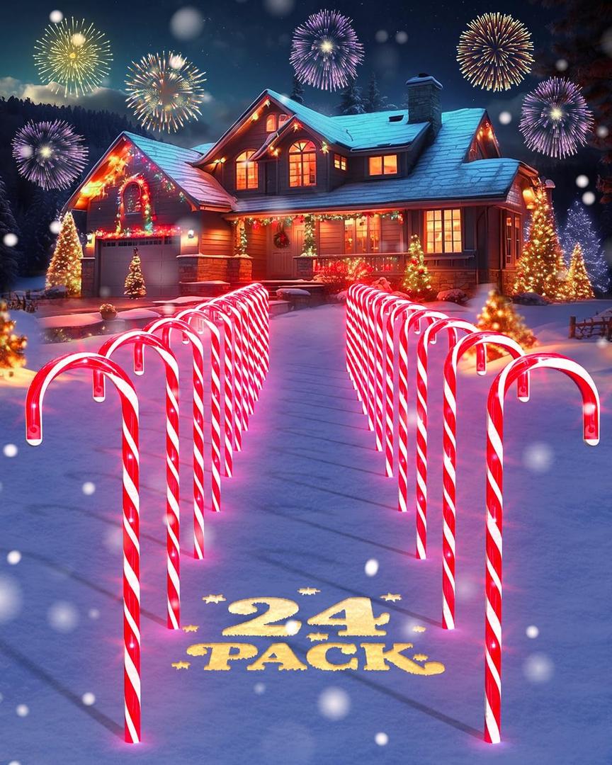 COOLWUFAN 24 Pack Christmas Candy Cane Pathway Lights, 17'' Outdoor Christmas Decorations Pathway Markers Lights for Indoor & Outdoor Holiday Party Patio Yard Lawn, Driveway, Walkway Decor