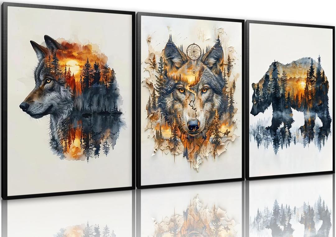 Forest Animal Wolf Bear Wall Art Set Of 3, Rustic Farmhouse Canvas Prints Wall Decor, Hunting Lodge Landscape Paintings, Wild Nordic Style Home Decoration for Living Room Bedroom 24x16in Wood Framed