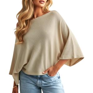 Navneet Women Off The Shoulder Oversized Knit Poncho Sweater Boat Neck Batwing Pullover Jumper Top Beige M