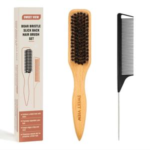 SWEET VIEW Boar Bristle Slick Back Hair Brush for Smooth Flyaways, Frizz, Sleek Ponytail, Buns and Edge Baby Hair, Teasing | Gel Comb Styling Accessories for Girls, Kids and Women (Wood Color)