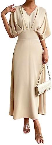 Women's V Neck Half Sleeve Ruched Cocktail Evening A Line Long Dress, Large