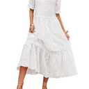 chouyatou Women's Summer Boho Embroidery Eyelet Dress V-Neck Collared Tiered Midi Tunic Dress (Large, White)