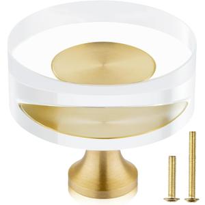 QOGRISUN 2-Pack Brass Crystal Cabinet Knobs,Glass Crystal Gold Drawer Knobs,1-1/4-Inch Round, Decorative Dresser Pulls, Modern Cabinet Hardware