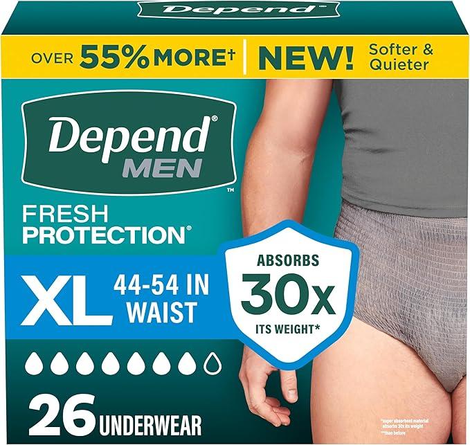 Depend Fresh Protection Adult Diapers, Incontinence Underwear for Men, Disposable, Maximum, ExtraLarge, Grey, 26 Count