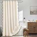 MIULEE 84" Long Scalloped Shower Curtain Linen Textured with 12 Metal Hooks Cute Extra Long Heavy Duty Washable Waterproof Cloth Shower Curtains with Black Border for Bathroom Hotel,Cream White