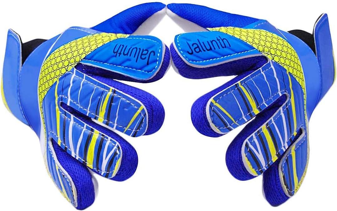 Jalunth Goalkeeper Goalie Soccer Gloves Kids Youth Goal Keeper Field Player Glove Boys Girls Embossed Anti-Slip Latex Palm Soft Pu Hand Back (Size 6 Suitable for 7-8 Years, Blue)