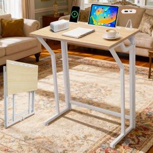 24"Wx 28"H Folding TV Tray for Eating, Foldable TV Dinner Table, Side Table Slide Under Couch, C-Shaped End Table with Devices Slot & Charging Stations, Small TV Tray for Living Room, Bedroom(Natural), 24"w X 15"d X 28"h