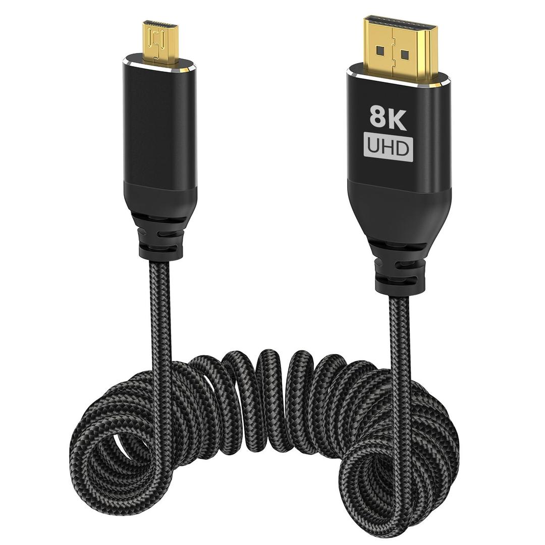 8K Micro HDMI to HDMI 2.1 Cable Coiled 1- 4 FT, 8K@60Hz, 4K@240Hz, HDR, 48Gbps Ultra High Speed Type D to Type A HDMI Braided Cord for Cameras, DSLRs, Camcorders, Portable Screens and Monitors