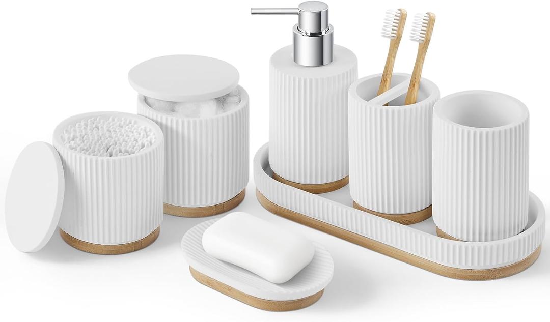 7PCS Bathroom Accessories Set, with Soap Dispenser, Q-tip Holder, Toothbrush Holder, Tumbler, Soap Dish, Vanity Tray, Complete Bathroom Accessory Set Organizer Countertop for Modern Home Decor, Black