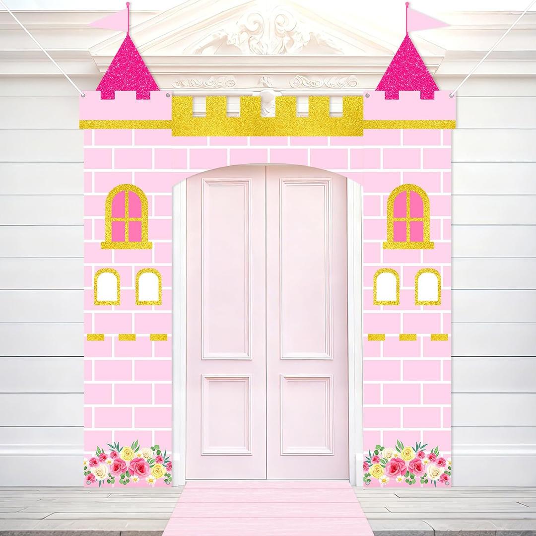 Pink Princess Door Banner Princess Party Decorations Pink Castle Door Covers Runner Floral Castle porch Banner Girl Birthday Hanging Backdrop Photo Booth for Floral Girl Baby Shower Party Supplies