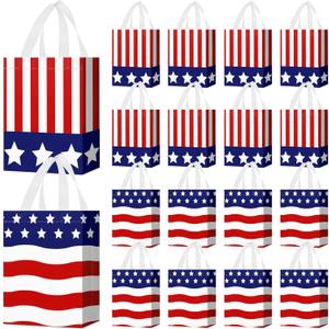 Locmeo 24 Pcs 4th of July Patriotic Party Favor Bags with Handles Reusable Non Woven American Flag Goodie Bags Independence Day Gift Bag for Girl Boy Birthday Memorial Party Supplies, 8 x 4 x 10 Inch