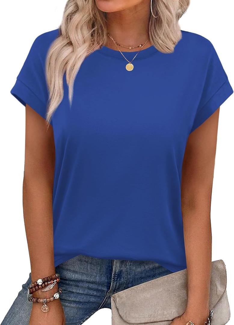 Alaroo Women's Summer Tops Short Sleeve Shirts Crew Neck Cute Trendy Tunic Blouses (S-3XL) (Plain Royal Blue)