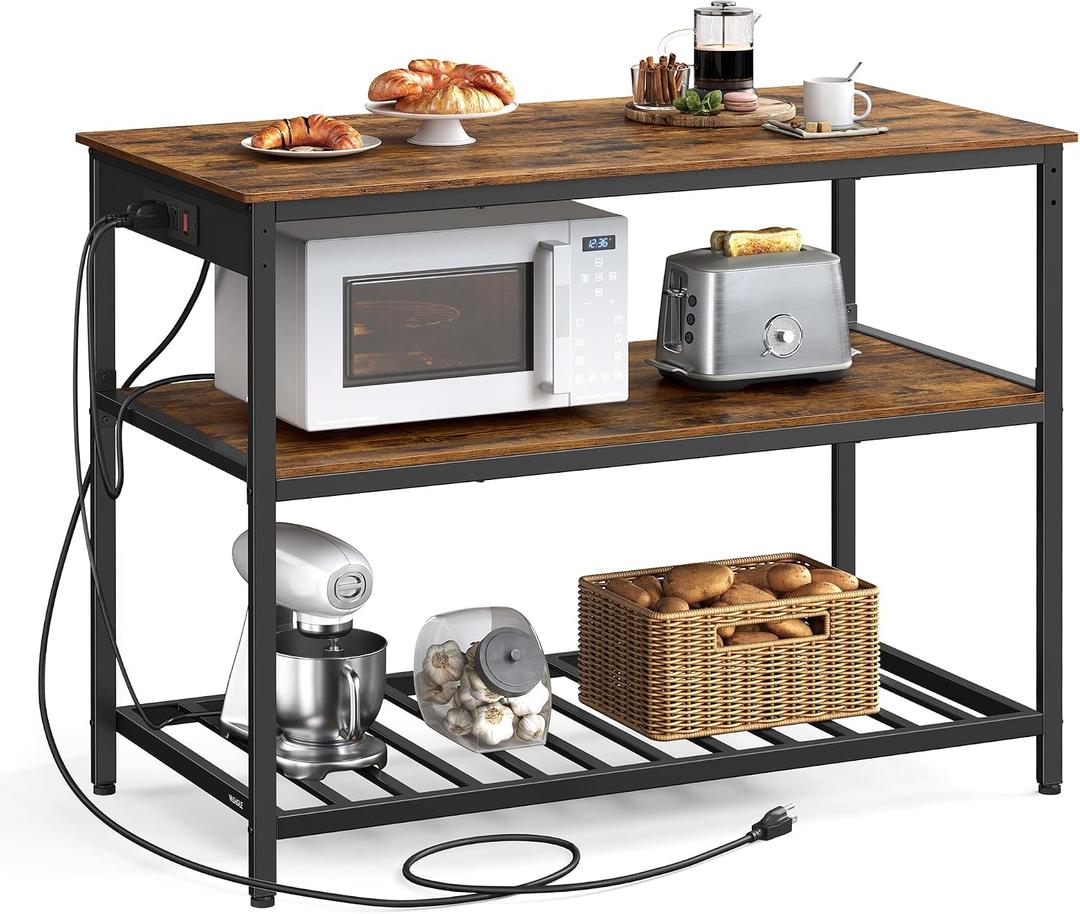 VASAGLE Kitchen Island with 3 Shelves, 47.2 Inches Width Kitchen Shelf with Power Strip, Large Worktop, Stable Steel Structure, Industrial, Easy to Assemble, Rustic Brown and Black UKKI101K01, 47.2"w X 34.9"h