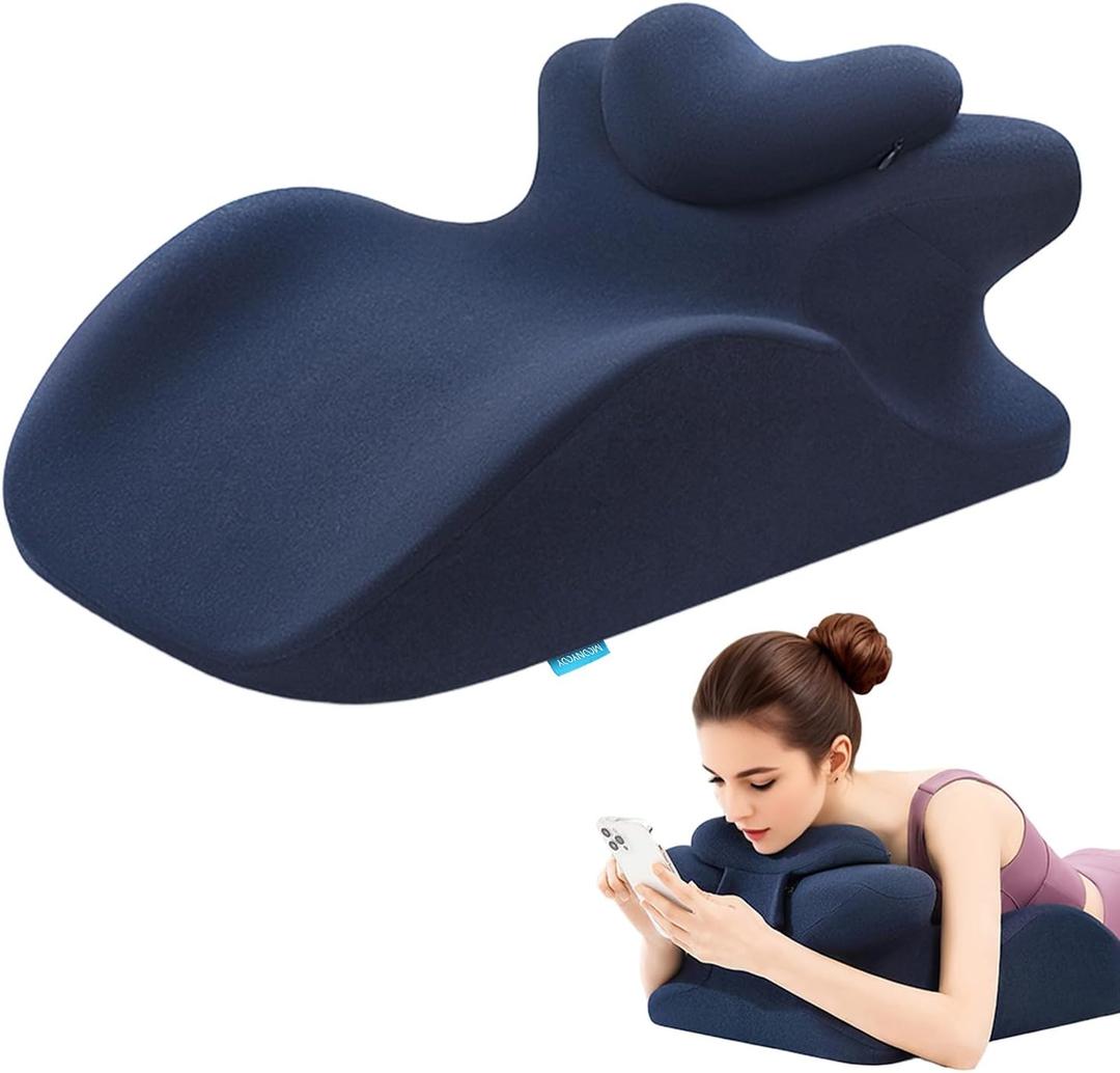 Memory Foam Ergonomic Rest Pillow - Compact Prone Pillow for Sleeping & Reading in Bed, Targeted Support for Back Pain, Acid Reflux & Sitting Up, Ideal for Massage with Removable Cover