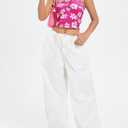 Women's Floral Print Halter Top Sweetheart Neck Ruched Tie Back Slim Fit Crop Tops (Pink, M)