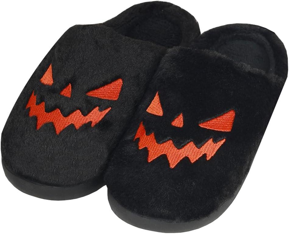 Spooky Slides Halloween Jack O Lantern Pumpkin Indoor Outdoor Fuzzy House Slippers Shoes Gifts For Women Men (7-8 Women/5-6 Men, Black)