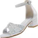 LAURMOSA Silver Dress Shoes Sandals for Girls High Heels for Kids Flower Girl Shoes Open Toe Ankle Strap Chunky Heels for Toddler Little Big Kids Sparkly Sandals for Wedding Party (L1032RhSilver 4)