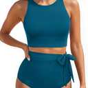 Aqua Eve Women High Waisted Bikini Set Racerback Swimsuit Two Piece Bathing Suit High Neck Swimwear (Blue, M)