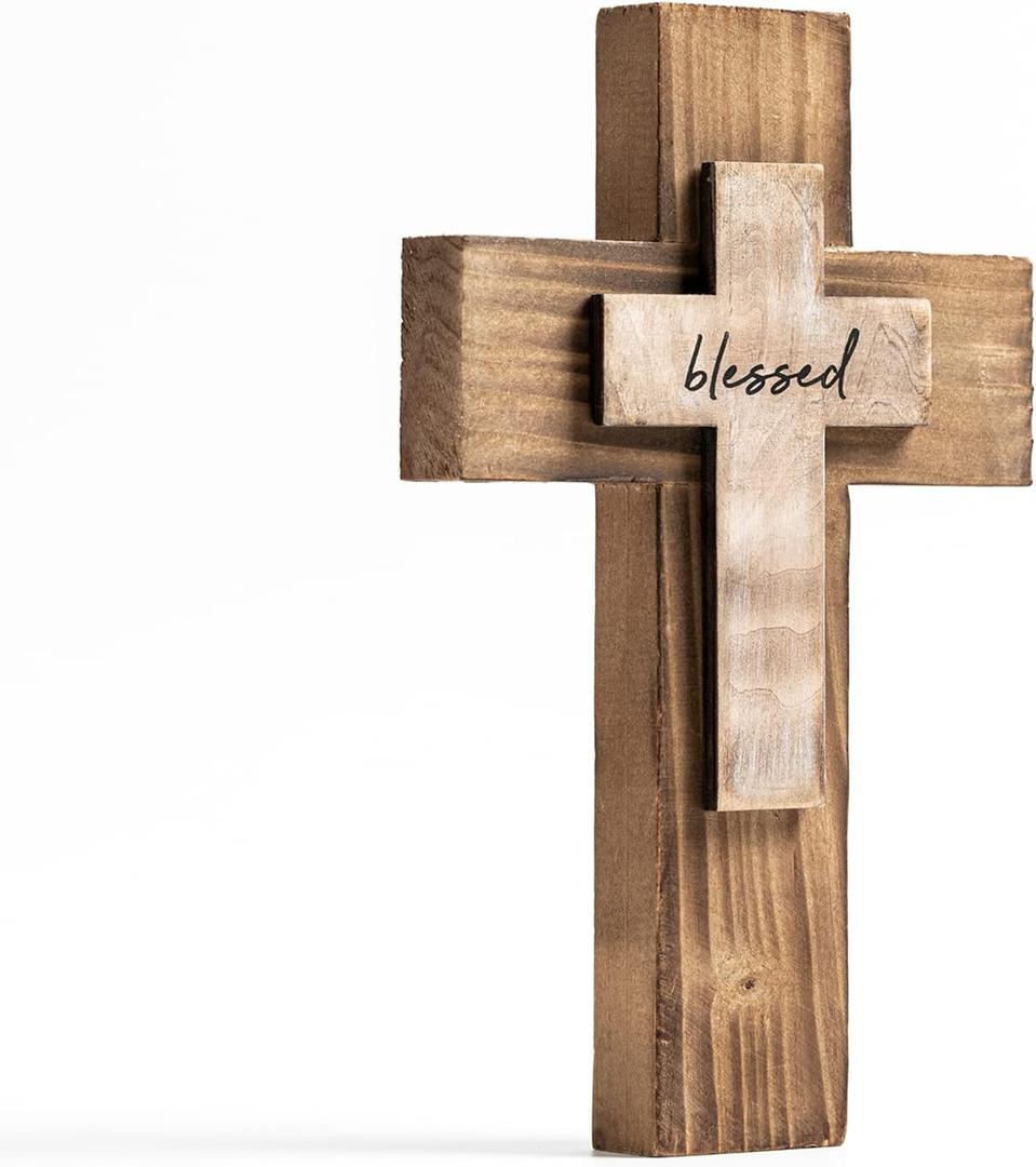 OKSQW Wall Wooden Christians Cross Spiritual Religious Cross Gifts With Hook on Hanging Wall Or Table With Blessed For Church Home Room Decoration For Christmas
