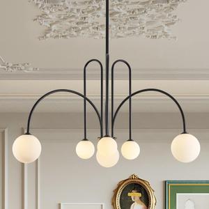 Modern Black Chandelier 6 Lights Sputnik Chandelier for Dining Room Large L40 Mid Century Ceiling Pendant Light Fixtures with Withe Glass Globe Shades for Foyer Bedroom