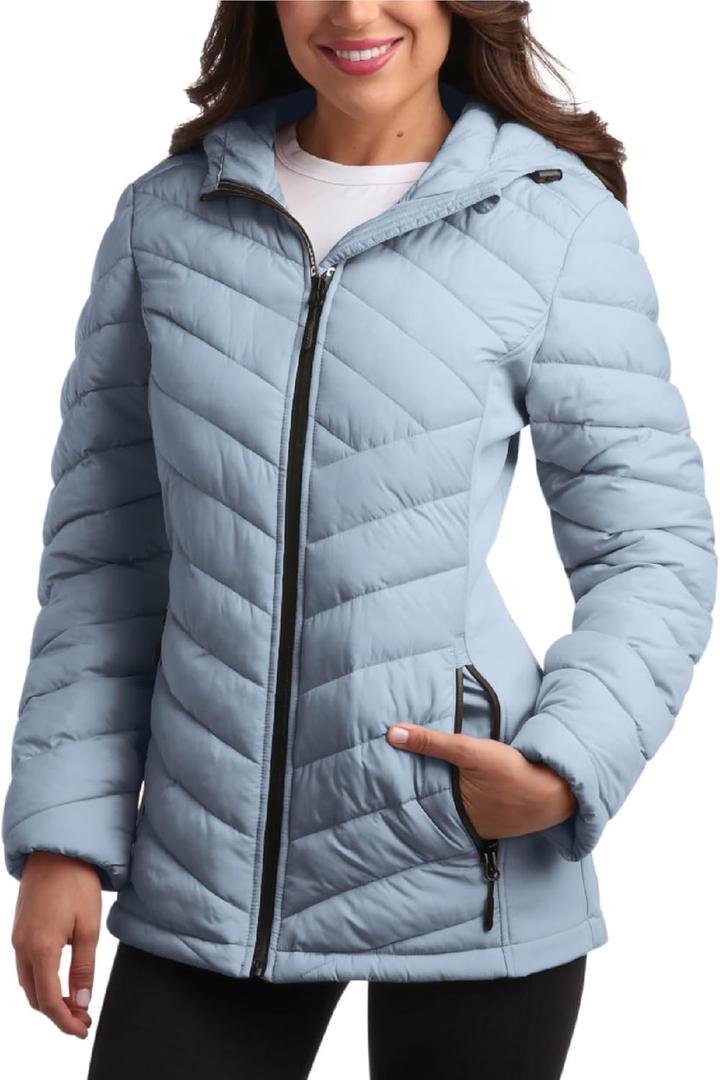 Reebok Womens Puffer Jacket - Midweight Quilted Snow Glacier Shield Full Zip Winter Coat for Women with Hood & Zip Pockets (Blue, S)