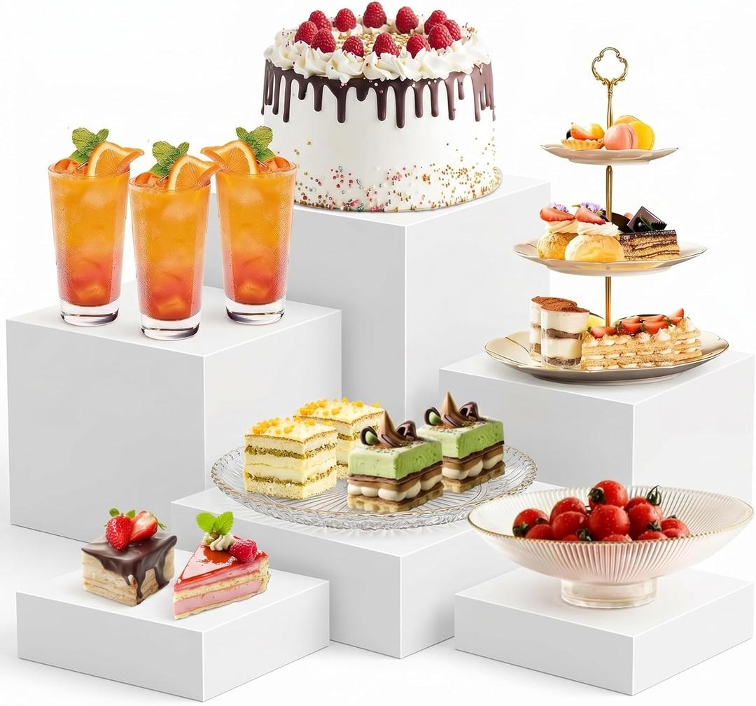6 PCS Buffet Risers and Stands (3",4",5",6",7",8"), Food Risers for Buffet Table, Acrylic Nesting Risers with Hollow Bottoms, Display Stand Shelf for Party, Catering, Desserts, Jewelry & Collectibles (White)