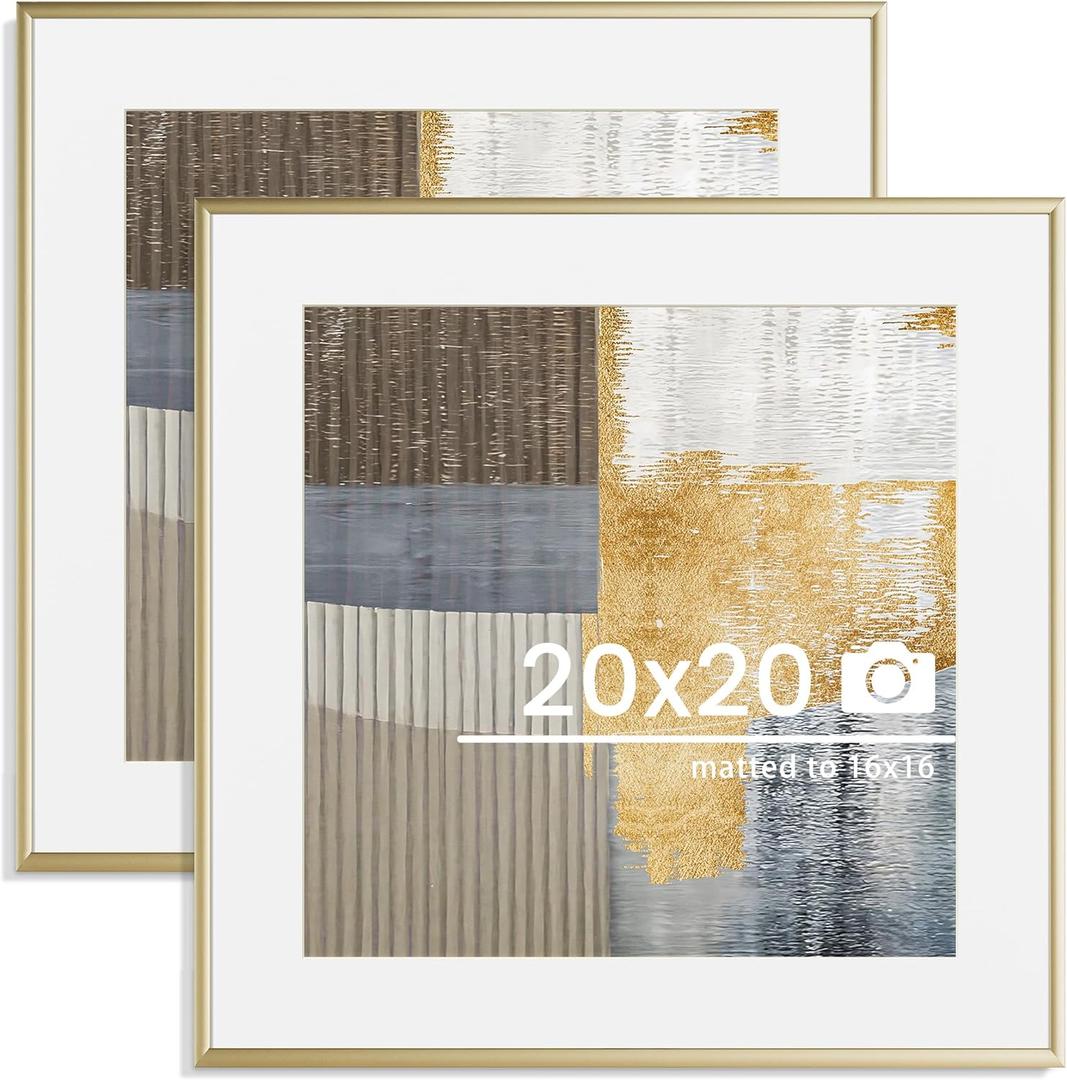 20x20 inch Metal Picture Frame - Thin Aluminum Square Photo Frames with 16x16 Removable Mat - High Definition Plexiglass - Vertical and Horizontal Display - Wall Hook Hanging Hardware Included - Gold, Set of 2 (20x20in, 2Pack)