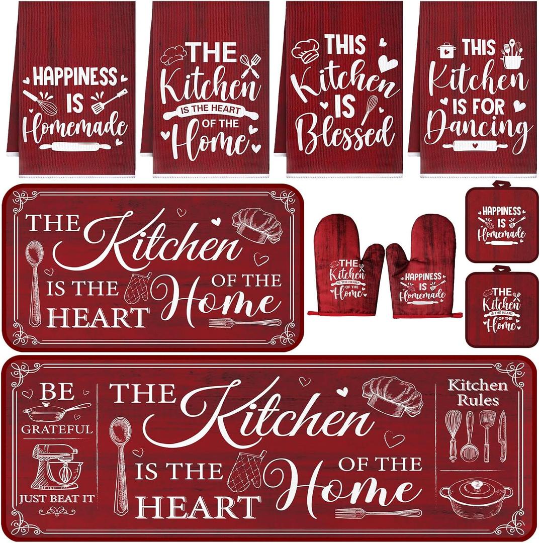 Fourluoo 10 Pcs Farmhouse Kitchen Decor and Accessories Set 4 Kitchen Towels 2 Pot Holders 2 Oven Mitts 2 Rugs for Cooking Baking Mom Housewarming Gifts(Red,Classic Style)