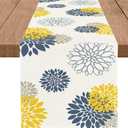 Blue Yellow Gray Table Runner Dahlia Pinnata Flower Beige Table Runners Modern Elegant Pompon Farmhouse Geometric Coffee Table Center Decor for Home Kitchen Dining Party 13 x 48 Inch