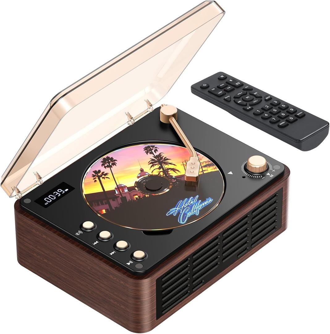 CD Player with Speaker, Retro Portable CD Players for Home with Bluetooth, Hi-Fi Bass Boost, 3600mAh Battery, LCD Screen, Top-Loading Design, USB/AUX Input/FM Radio - Walnut Brown