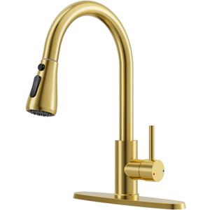 FEELSO Kitchen Faucets with Pull Down Sprayer, High Arc Single Handle Kitchen Sink Faucet, 1 or 3 Hole Brushed Nickel Water Faucets for Farmhouse Laundry Camper Rv Bar (Gold)