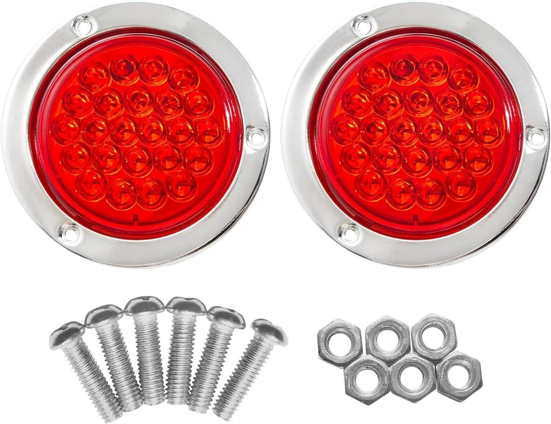 Oyviny 2PCS 4' Round LED Trailer Tail Lights with Stainless Steel Chrome Bezels - Red, 24LED, 4 Inch Round Stop Turn Brake Lights, 12V DC for Trailer, Bus, RV Truck
