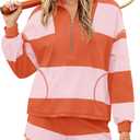 Yanekop Womens Oversized Striped Set Matching Workout Sets Lounge Sets 2 Piece Outfits Half Zip Pullover and Shorts Set (Small, Orange Pink)