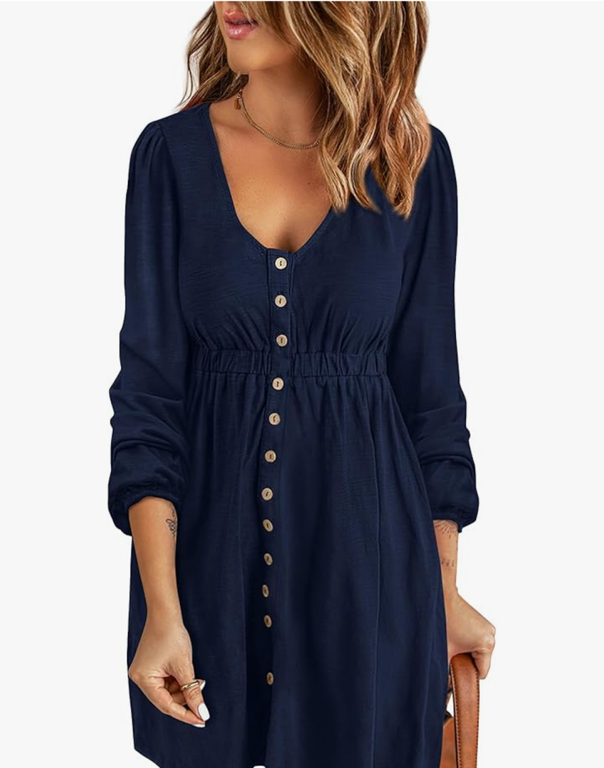 BTFBM Casual Fall Dresses for Women 2025 Long Sleeve Button Down Crew Neck Empire Waist A Line Mini Short HOCO Dress. Size XL