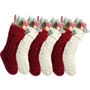 Pack 6,18" Unique Burgundy and Ivory White Knit Christmas Stockings Style3