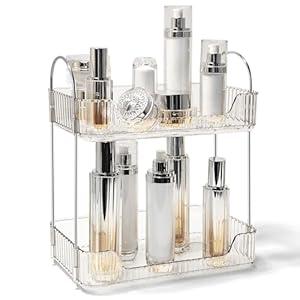TENDER EPOCH Bathroom Counter Organizer Countertop Storage Skincare Countertop Makeup Organizer Cosmetics Skincare Organizers Holder for Perfume-Clear White-Silver Pole