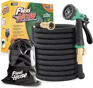 Flexi Hose PLUS with 8 Function Nozzle Expandable Garden Hose, Lightweight & No-Kink Flexible Garden Hose, 3/4 inch Solid Brass Fittings and Double Latex Core, 100 ft Black