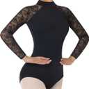 Women's Turtleneck Dance Ballet Leotard With Durable Lace,Water-drop Hollow Back (Medium, Long Sleeve Black)