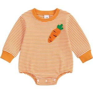 Baby Boy Girl Easter Outfit Sweatshirt Romper Striped Carrot/Bunny Long Sleeve Bubble Romper Waffle Knit Bodysuit (0-3 Months, Orange)