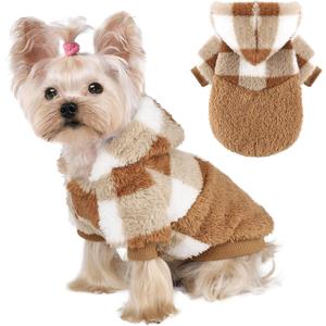 Yikeyo Dog Sweaters for Small Dogs, Winter Dogs Hoodies Boy Girl, Warm Fleece Clothes for Teacup Chihuahua Yorkie, Pet Apparel Outfit,Brown Plaid,M (Medium (Chest 16.1in))