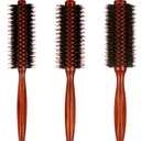 Boao 3 Pieces Boar Bristle Round Hair Brush Set for Women Men Round Drying, Styling, Curling Hair Brush with Wood Handle Quiff Roller(10/12/ 14 Rows)