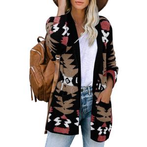 FERBIA Women Boho Cardigan Aztec Open Front Loose Slouchy Sweaters Tribal Long Sleeve Knitted Christmas Jacket Coat (Large, Brown)