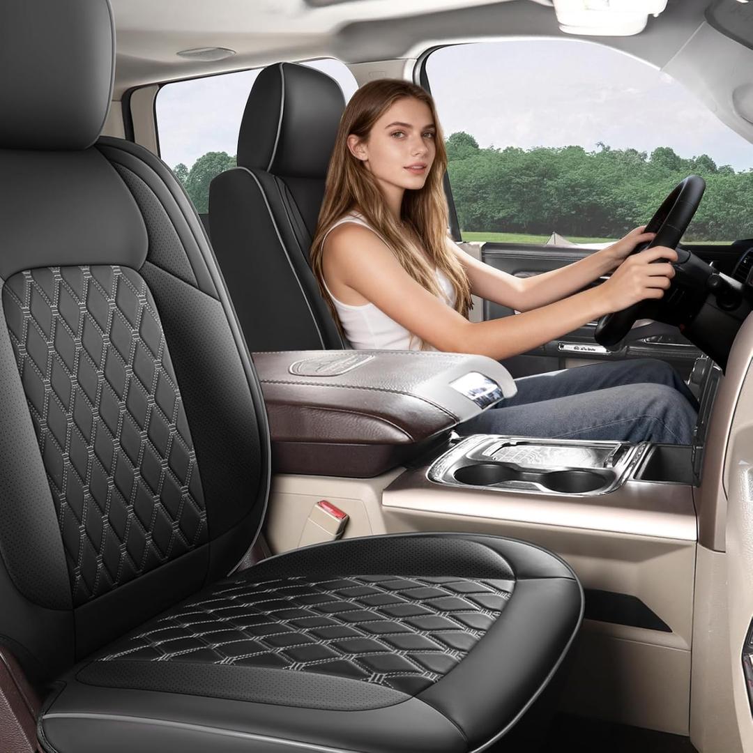 Umbrauto Custom Seat Covers fit for Dodge Ram 1500 2500 3500, Full Coverage Luxury Leather Ram Truck Seat Cover 2009-2025 Compatible with Crew Cab Double Quad Regular (Black, Full Set (Flat Rear))