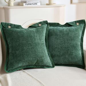 FUTEI Pack of 2 Chenille Buttons Throw Pillow Covers 18x18 Inch Soft Piped Edges Decorative Cushion Case Neutral Farmhouse Accent for Couch Living Room, Dark Green